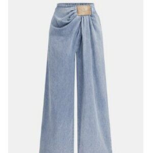 Commense Asymmetrical Ruched Denim Wide-Leg Pants - LightBlue / XL